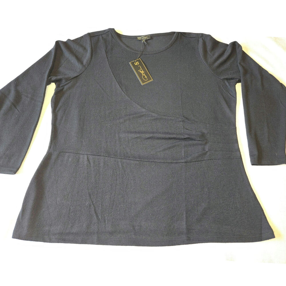 Sz 1X DG2 DIANE GILMAN Black Knit Long-sleeve Side-pleated Crew-Neck Long Blouse